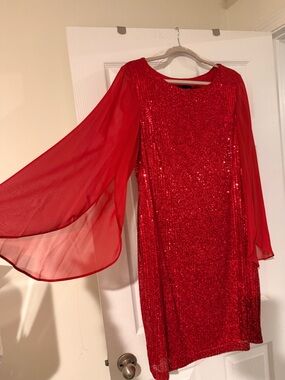 Stunning Connected Apparel Red Sequin Dress with scoop neck peekaboo sleeves